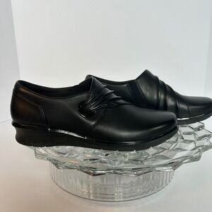 Clarks Hope Shine‎ Black Leather Comfort Slip On Loafers Womens Size 6.5M